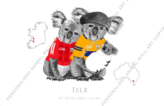 GAA Jersey on Koalas with Baby - A4 Print