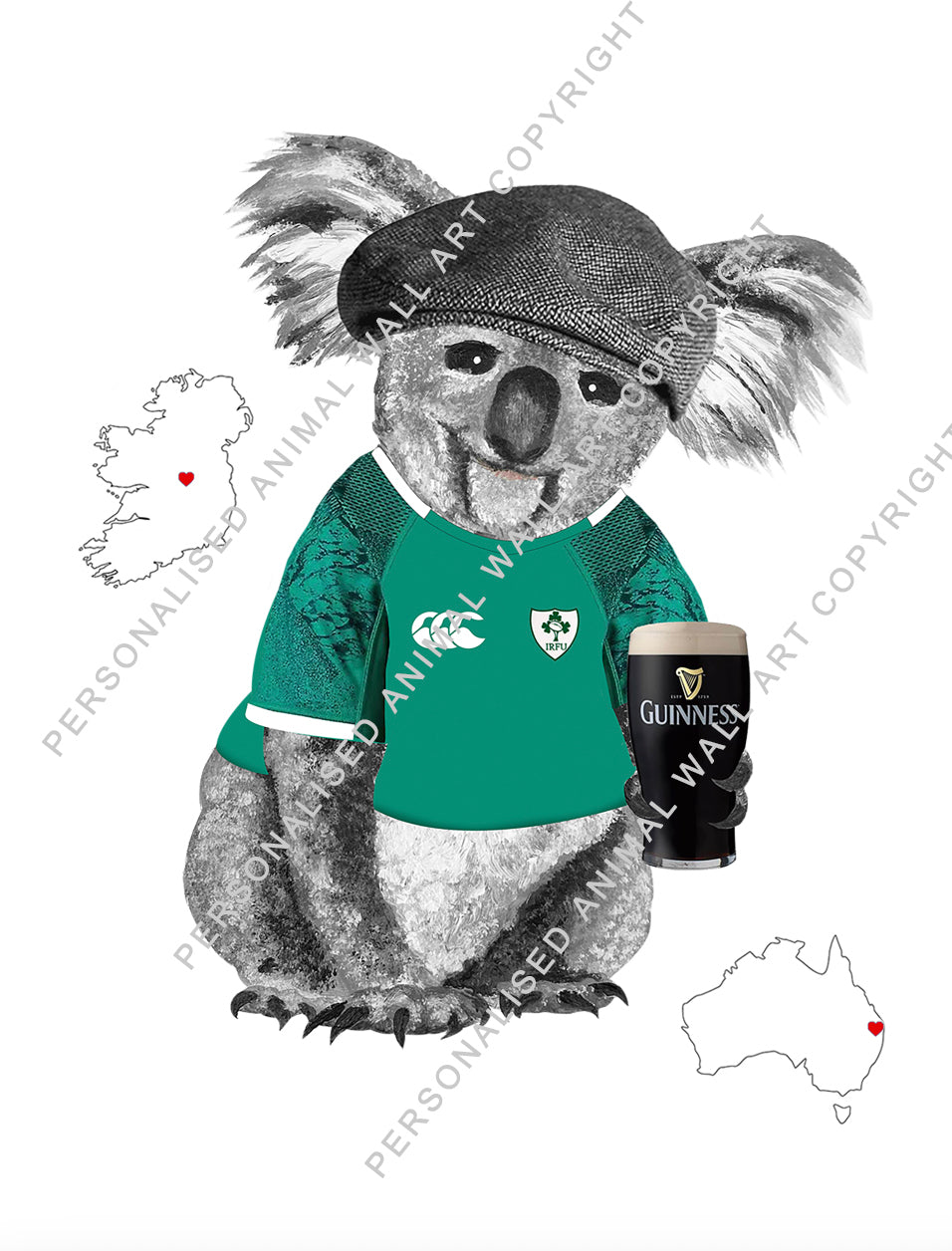 GAA Jersey on Koala holding Guinness - A4 Print